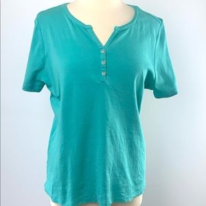 LL Bean ladies T-shirt  Teal Blue Easy to wear 100% cotton 3 button plaque